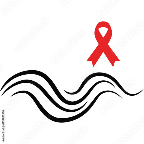 Red ribbon and black waves on white background awareness health support symbol line illustration