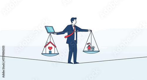 Businessman Balancing Work and Life on Scale – Concept of Work Life Balance, Stress Management, and Harmony Between Career and Personal Responsibilities