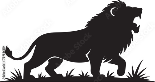 Majestic lion roaring in african savannah silhouette