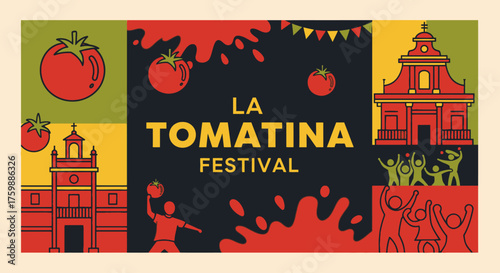Vibrant La Tomatina Festival graphic with energetic crowds and iconic architecture celebrating a fun food fight tradition.