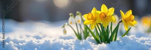 A vibrant close-up of blooming daffodils, crocuses, and snowdrops pushing through melting snow, signifying the arrival of spring and new beginnings ,  melting snow,  hope