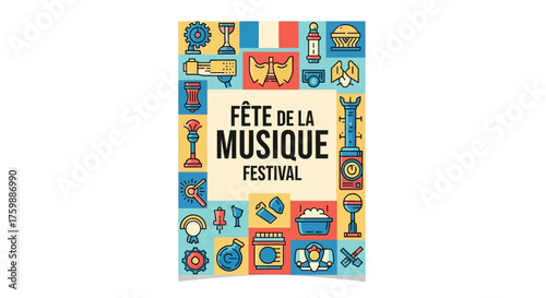 Celebrate Fête de la Musique festival with vibrant icons and French flair, perfect for event promotion and cultural marketing