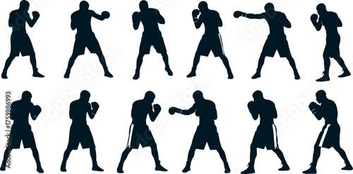 Silhouette of strong male boxer fighter, muscular man posing with fists, combat sports athlete standing