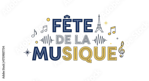 Celebrate the Fête de la Musique with vibrant Parisian flair and dynamic musical notes, perfect for event promotions and cultural celebrations