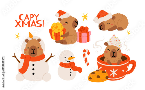 Collection of winter cute capybaras with New Years wreath, gift, bathing in hot water and in Christmas bow and hat. Vector illustration. Isolated kawaii animal character