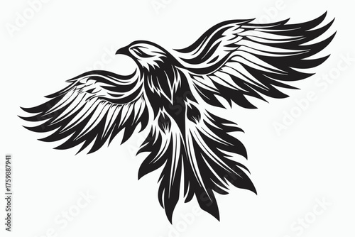 Stylized black avian soars with patterned wings against white backdrop exhibiting freedom and grace