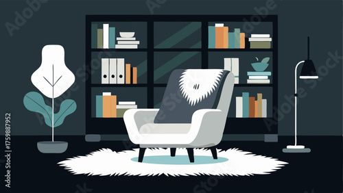 A cozy den with a black leather recliner a white fur rug and a bookshelf filled with black and white patterned books.