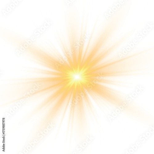 Yellow sun, a flash, a soft glow without departing rays. Star flashed with sparkles isolated on white background. Vector illustration of abstract yellow splash.