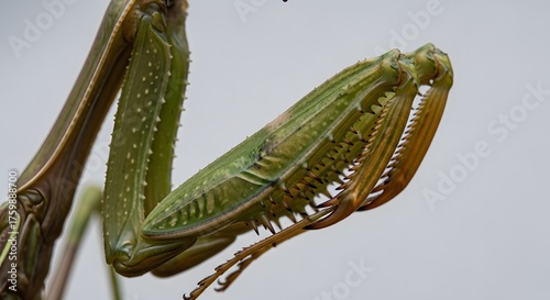 Intricate detail of a praying mantis's raptorial forelegs showcasing sharp spines and camouflaged texture