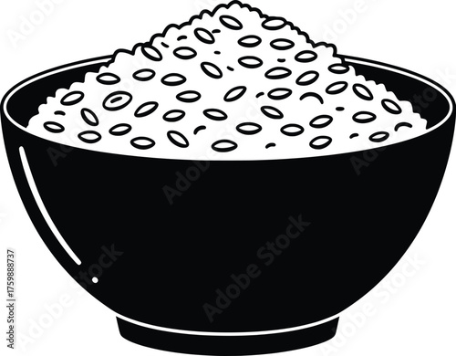 Vector Illustration of a Bowl Full of Rice Grains A Simple Black and White Silhouette of a Staple Food for Culinary Projects, Representing Asian Cuisine and Comfort Food Dishes
