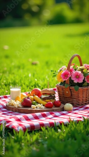A sunny summer day, checkered blanket spread on lush green grass, picnic basket overflowing with fresh food, vibrant flowers in a vase, idyllic outdoor scene , colorful, bottle