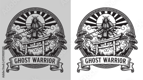 Samurai Warrior atop Torii Gate with Pine Trees and Sunrise, "Ghost Warrior" Banner