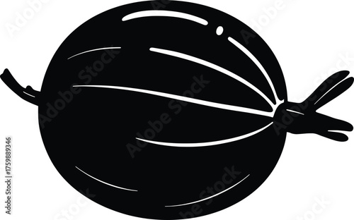 A high-resolution black silhouette vector illustration of a single gooseberry, showcasing its round shape with subtle stem details, perfect for culinary or botanical designs