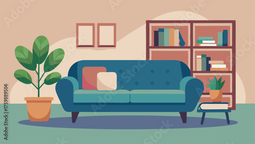 A cozy sitting area with a plush sofa a metal coffee table and a wooden bookshelf filled with potted plants.