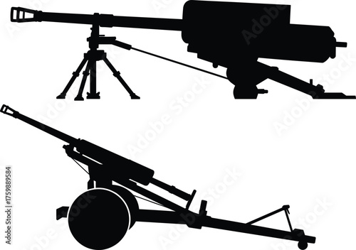 Artillery gun silhouettes, military weapon vector set, black icons of mounted and wheeled cannons, isolated war equipment design, historical firearm illustration