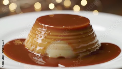 Slow-motion of caramel sauce pouring over pudim, elegant cinematic style.