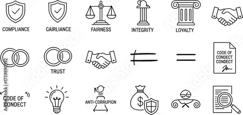 Ethical business outline icon set isolated on white background contains icons as confidence, fairness, ethics, integrity, trust, transparency, code of conduct, anti corruption and more