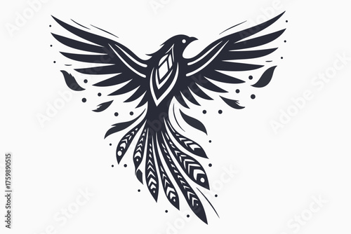 Stylized silhouette shows a phoenix bird emerging with open wings and patterned tail feathers