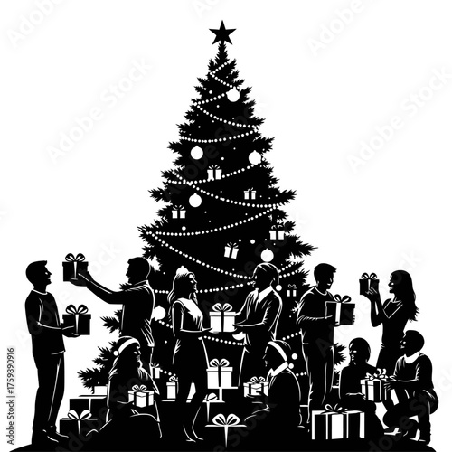 Christmas Celebration People Exchanging Gifts Under a Decorated Christmas Tree Silhouette