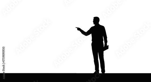 Silhouette of a person with a raised arm, indicating direction and purpose with a white background
