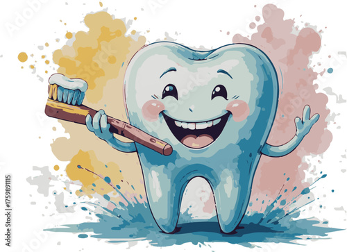 Playful tooth mascot with a rainbow toothbrush invites kids to brush and care for their smile. Fun, colorful artwork emphasizes dental hygiene, healthy teeth