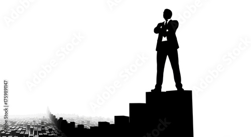 Businessman Standing Atop a Staircase Achieving Success and Overcoming Challenges