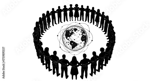 People encircling the globe representing global community, unity, and interconnectedness