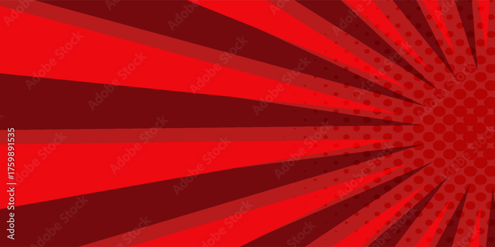 Red Pop Art Comic Background with Thunders. Red thunder comic halftone style background. Retro comic book style empty backdrop for magazine, cover, ad, banner, websites