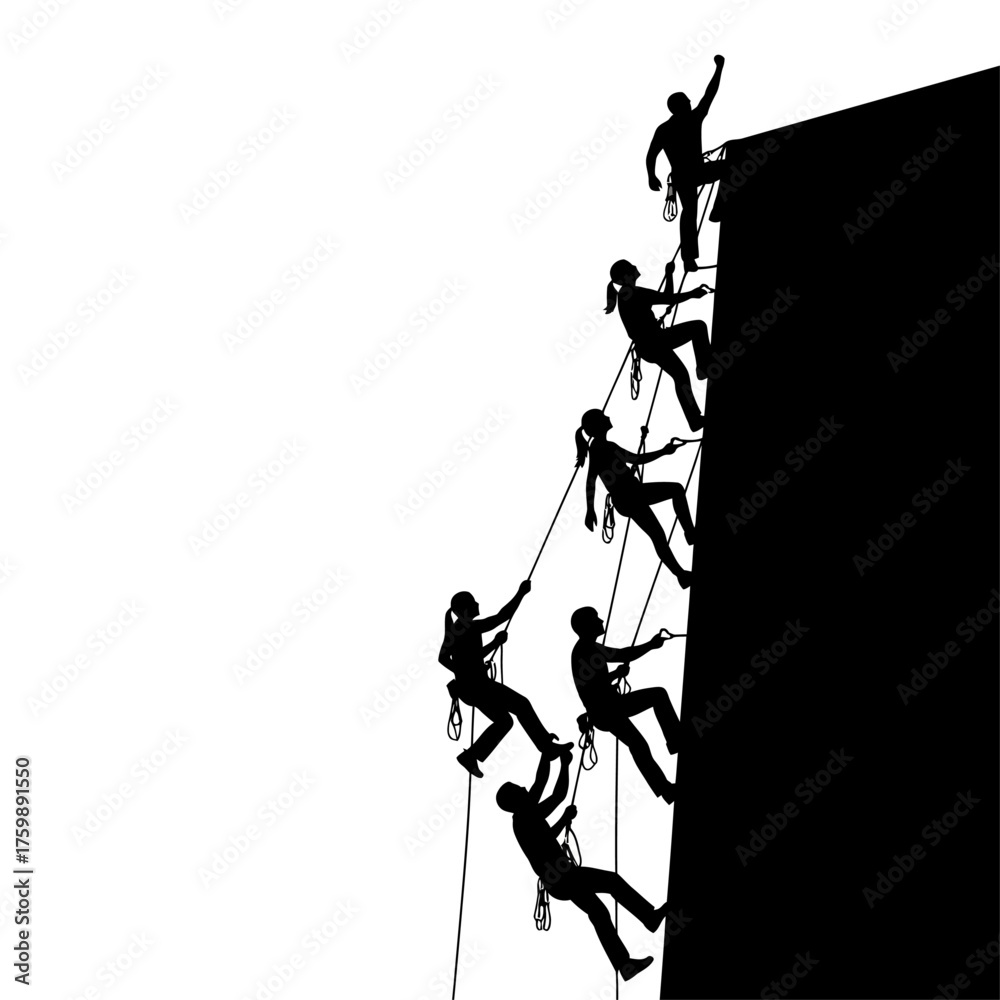 Fototapeta premium Silhouette of rock climbers scaling a cliff face, teamwork and adventure concept