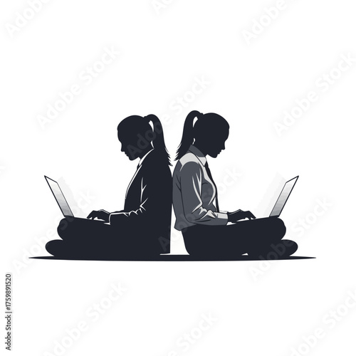 Two Women Working on Laptops, Back to Back, Silhouette Style Collaboration Concept