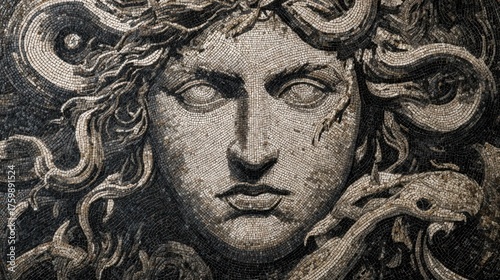 Ancient mosaic portrait of medusa depicted with intricate detail
