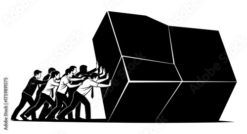Teamwork and Collaboration People Pushing a Geometric Block Together - Strong Workforce