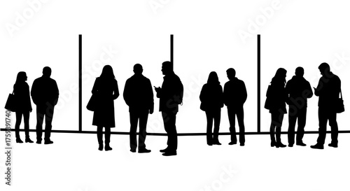 Silhouettes of diverse people standing and interacting near pillars in an artistic composition