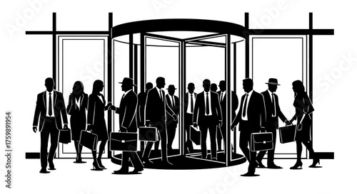 Business professionals entering and exiting a revolving door in a modern office environment