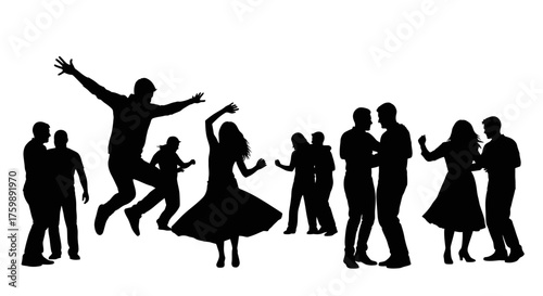 Silhouette Party Celebration Dancing, Jumping, and Socializing in Black and White