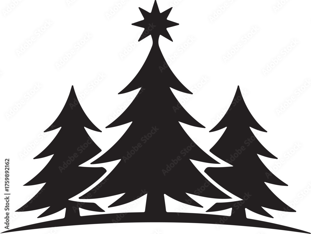 Obraz premium Black silhouette of three pine trees with a star on top christmas vector illustration EPS file download. 