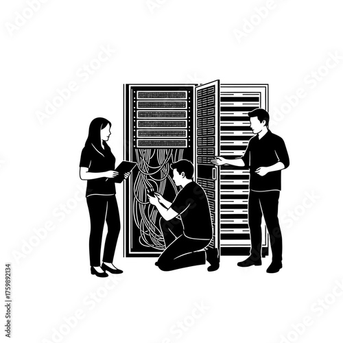 IT Professionals Troubleshooting Server Equipment, Examining Network Cables in Data Center Environment
