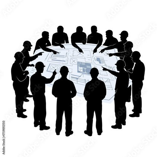 Construction Team Collaboration Architects, Engineers, and Builders Analyzing Blueprints