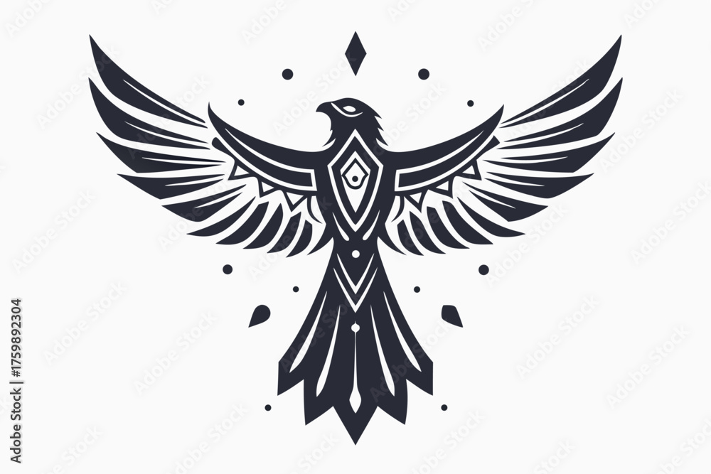 Fototapeta premium Ornate stylized bird soars outward, radiating mystical allure with scattered celestiallike dots all around