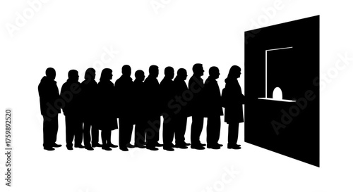 A Line of People Waiting at a Window Silhouette Illustration of a Queue and Service