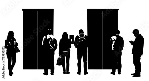 People Waiting for an Elevator Silhouettes of Individuals in a Modern Building