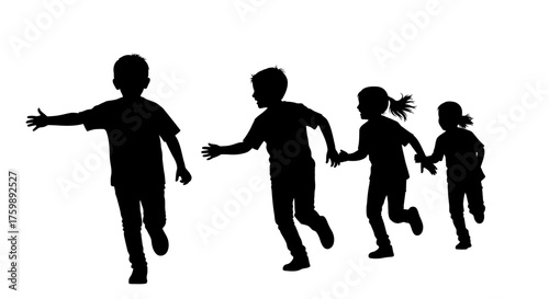 Silhouette of four children running, holding hands, and enjoying a playful outdoor activity