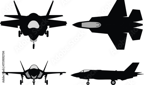 F-35 fighter jet silhouettes, modern aircraft vector set, multi-angle military aviation icons, stealth plane design, black isolated illustration pack