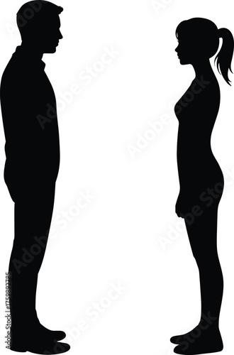 Face-to-face silhouettes, black figures, gender contrast, standing pose, white background, minimal design, interaction concept, posture study, human connection, visual symmetry