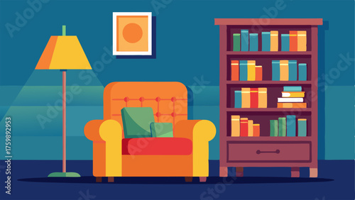 A corner of the library lounge featuring a large plush armchair with a side table and reading lamp.