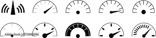 Gauge icon set, black meter vector collection, speed and performance indicators, semicircular dial illustrations, isolated dashboard design elements