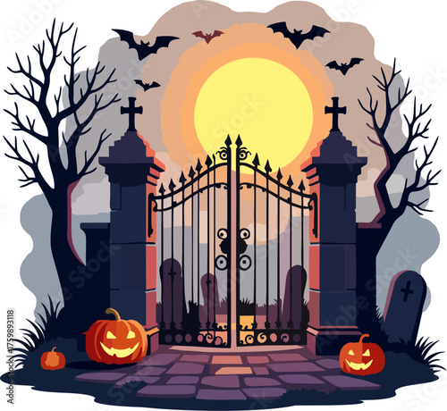 Spooky Halloween Cemetery Gate Vector Illustration, Gothic Ironwork, Gravestones, Jack-o’-Lanterns, Bats, Bare Trees, Glowing Full Moon