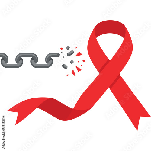 Red ribbon with broken chain, symbol of awareness and freedom solidarity support cause charity hope fight