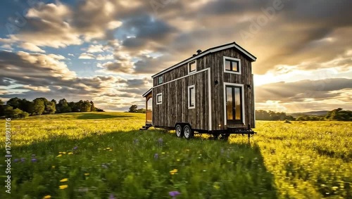 Beautiful Tiny House Surrounded by Lush Green Field Under Dramatic Sky