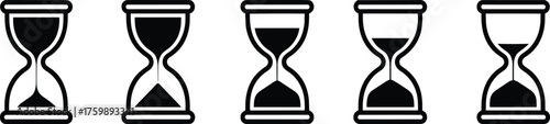 Hourglass time progression set, sand flow vector icons, black silhouette illustration of countdown stages, isolated time passage design elements